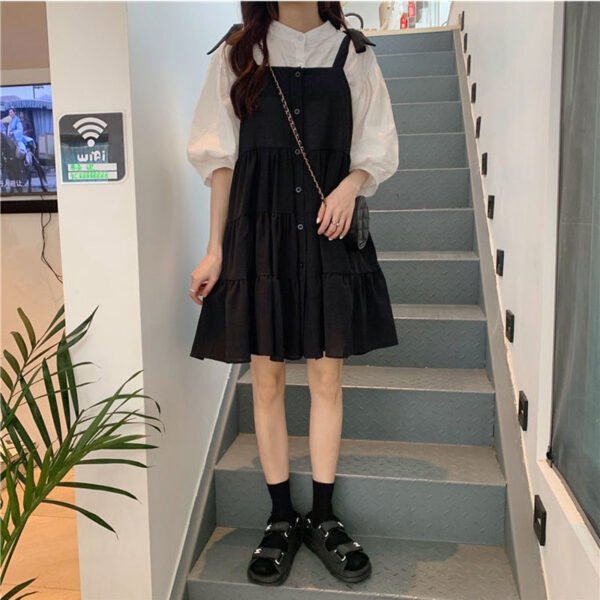two piece set: lantern sleeve blouse + loose fitting dress with buttons two piece set: lantern sleeve blouse + loose fitting dress with buttons