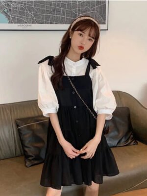 two piece set: lantern sleeve blouse + loose fitting dress with buttons