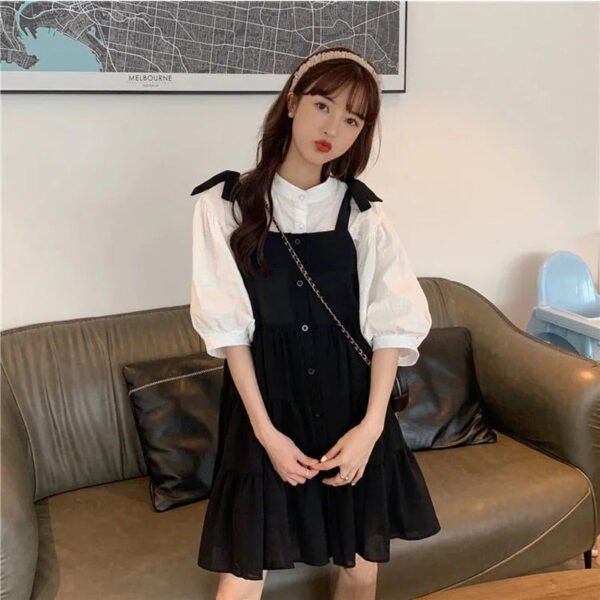 two piece set: lantern sleeve blouse + loose fitting dress with buttons two piece set: lantern sleeve blouse + loose fitting dress with buttons