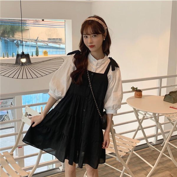 two piece set: lantern sleeve blouse + loose fitting dress with buttons two piece set: lantern sleeve blouse + loose fitting dress with buttons