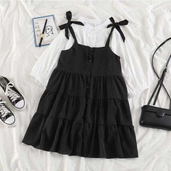 two piece set: lantern sleeve blouse + loose fitting dress with buttons two piece set: lantern sleeve blouse + loose fitting dress with buttons