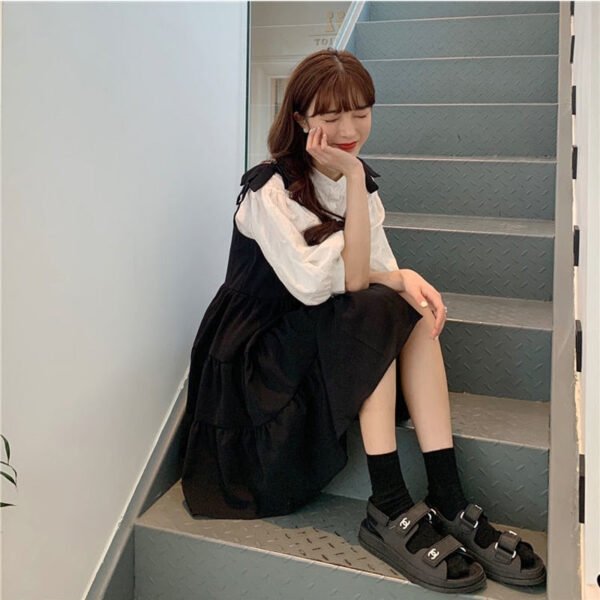 two piece set: lantern sleeve blouse + loose fitting dress with buttons two piece set: lantern sleeve blouse + loose fitting dress with buttons