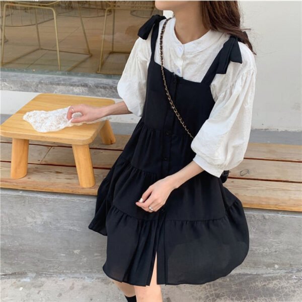 two piece set: lantern sleeve blouse + loose fitting dress with buttons two piece set: lantern sleeve blouse + loose fitting dress with buttons