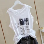early autumn new style 2024 loose outer suspender casual hooded sleeveless vest women's lazy top with bottoming shirt