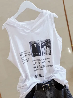 early autumn new style 2024 loose outer suspender casual hooded sleeveless vest women's lazy top with bottoming shirt