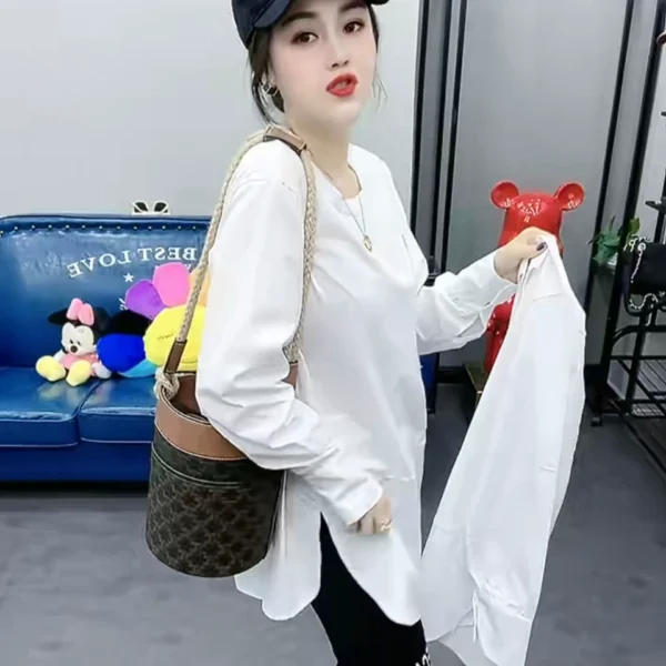 mid length white t shirt women's patchwork shirt design 2024 spring long sleeved loose layered inner layering shirt