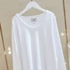 2024 spring new korean style bamboo cotton white long sleeve t shirt women's raw edge v neck loose slimming bottoming shirt