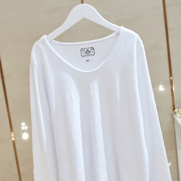 2024 spring new korean style bamboo cotton white long sleeve t shirt women's raw edge v neck loose slimming bottoming shirt 2024 spring new korean style bamboo cotton white long sleeve t shirt women's raw edge v neck loose slimming bottoming shirt