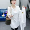 mid length white t shirt women's patchwork shirt design 2024 spring long sleeved loose layered inner layering shirt