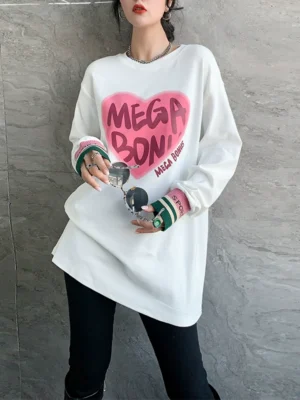 2024 spring new style korean style loose letter love round neck long sleeve t shirt for women with mid length bottoming shirt trendy