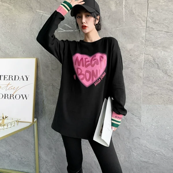 2024 spring new style korean style loose letter love round neck long sleeve t shirt for women with mid length bottoming shirt trendy