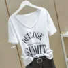 short sleeved bamboo cotton t shirt for women spring 2024 new korean style pure white raw edge v neck loose slimming half sleeved top