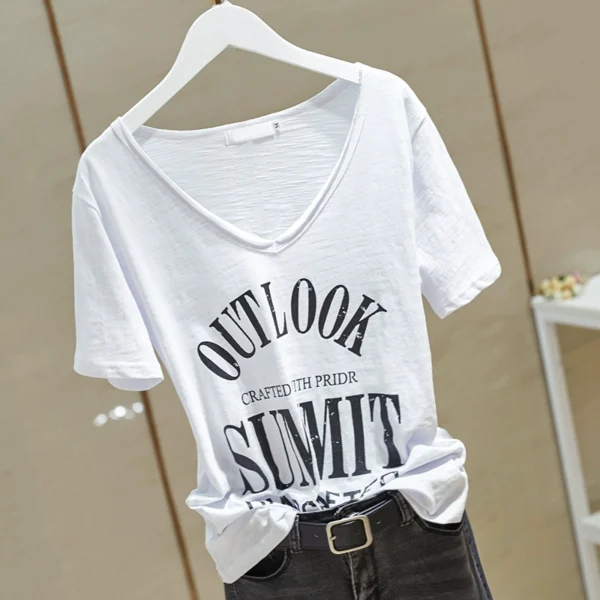 short sleeved bamboo cotton t shirt for women spring 2024 new korean style pure white raw edge v neck loose slimming half sleeved top