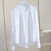 free threaded white t shirt for women, mid length patchwork shirt sleeves, autumn and winter velvet long sleeved inner layering top