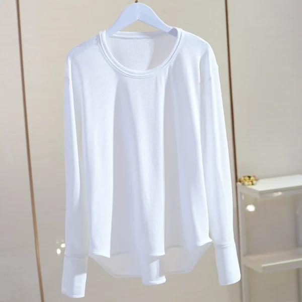 free threaded white t shirt for women, mid length patchwork shirt sleeves, autumn and winter velvet long sleeved inner layering top
