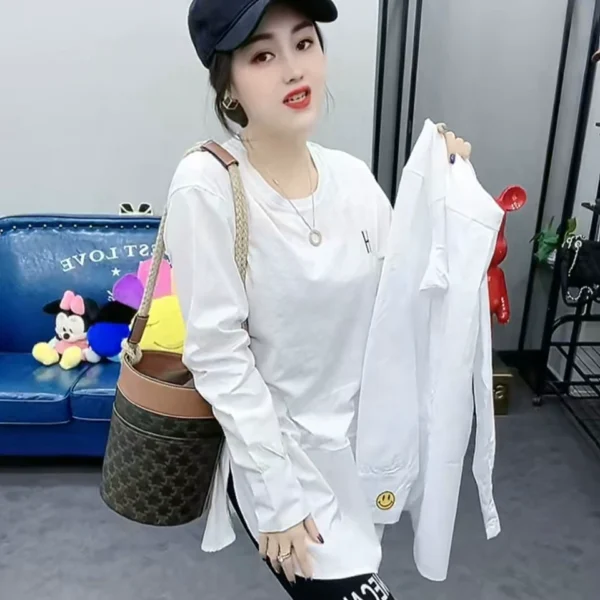mid length white t shirt women's patchwork shirt design 2024 spring long sleeved loose layered inner layering shirt