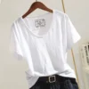 short sleeved bamboo cotton t shirt for women spring 2024 new korean style pure white raw edge v neck loose slimming half sleeved top