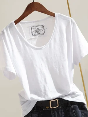 short sleeved bamboo cotton t shirt for women spring 2024 new korean style pure white raw edge v neck loose slimming half sleeved top