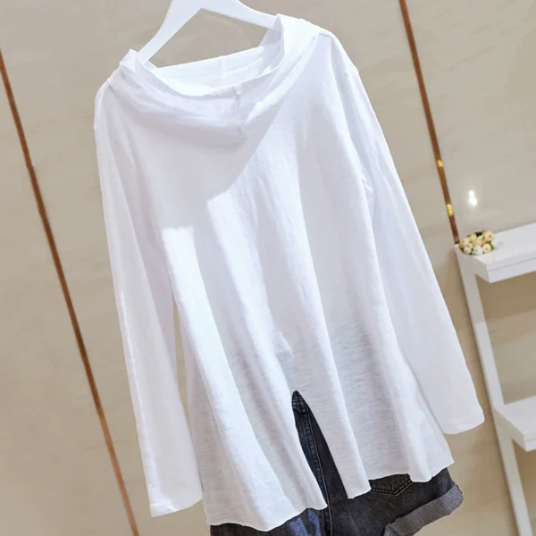 long sleeved t shirt for women, loose korean style autumn wear, new bamboo cotton bottoming shirt, versatile large size v neck hooded inner top