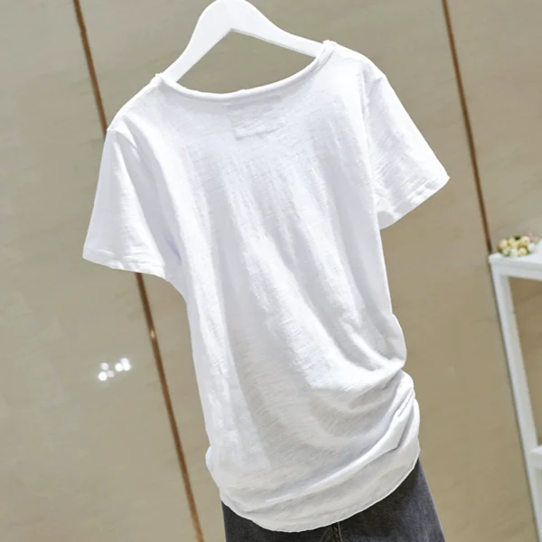 short sleeved bamboo cotton t shirt for women spring 2024 new korean style pure white raw edge v neck loose slimming half sleeved top