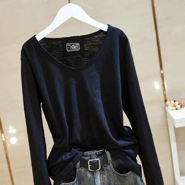 2024 spring new korean style bamboo cotton white long sleeve t shirt women's raw edge v neck loose slimming bottoming shirt 2024 spring new korean style bamboo cotton white long sleeve t shirt women's raw edge v neck loose slimming bottoming shirt