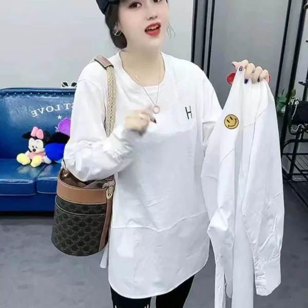 mid length white t shirt women's patchwork shirt design 2024 spring long sleeved loose layered inner layering shirt