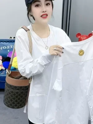 mid length white t shirt women's patchwork shirt design 2024 spring long sleeved loose layered inner layering shirt