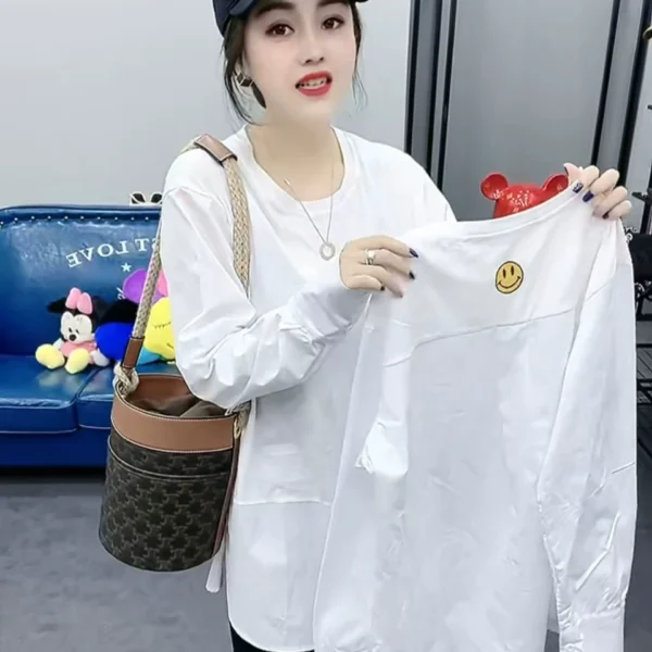 mid length white t shirt women's patchwork shirt design 2024 spring long sleeved loose layered inner layering shirt