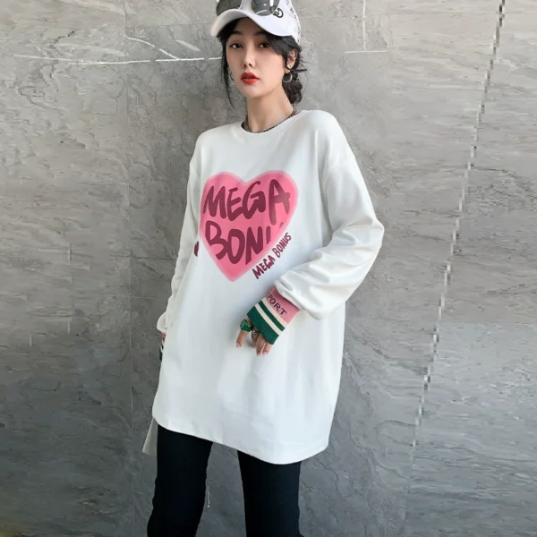 2024 spring new style korean style loose letter love round neck long sleeve t shirt for women with mid length bottoming shirt trendy