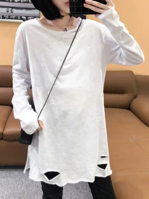 mid length slub cotton pure white long sleeved t shirt for women with raw edges and holes in autumn layered casual loose bottoming shirt
