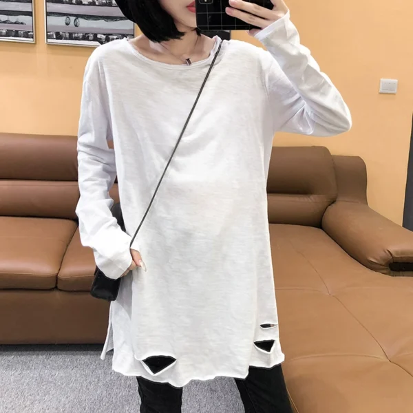 mid length slub cotton pure white long sleeved t shirt for women with raw edges and holes in autumn layered casual loose bottoming shirt