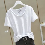short sleeved 2024 xinjiang long cotton women's irregular raw edge v neck bamboo cotton loose white t shirt women's half sleeved tops