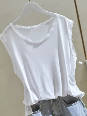 2024 spring new loose cotton linen pure white raw edge round neck sleeveless vest women's t shirt wear suspender top