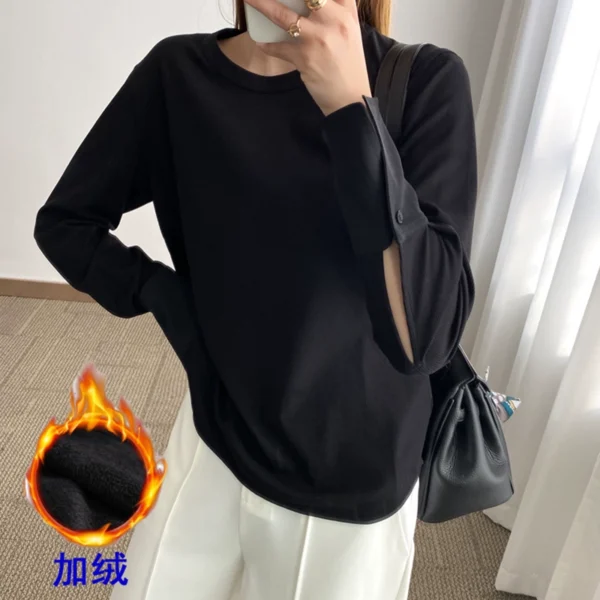 free threaded white t shirt for women, mid length patchwork shirt sleeves, autumn and winter velvet long sleeved inner layering top