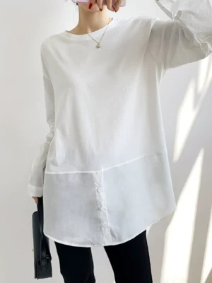 shirt splicing white t shirt for women 2024 spring new style bottoming sweatshirt artifact inner bottoming shirt for women mid length