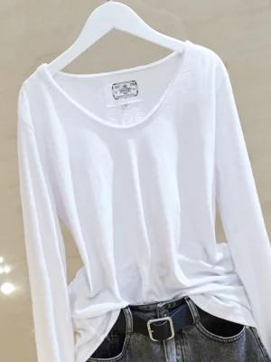 2024 spring new korean style bamboo cotton white long sleeve t shirt women's raw edge v neck loose slimming bottoming shirt
