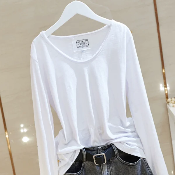 2024 spring new korean style bamboo cotton white long sleeve t shirt women's raw edge v neck loose slimming bottoming shirt 2024 spring new korean style bamboo cotton white long sleeve t shirt women's raw edge v neck loose slimming bottoming shirt