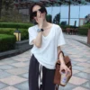 short sleeved bamboo cotton t shirt for women spring 2024 new korean style pure white raw edge v neck loose slimming half sleeved top