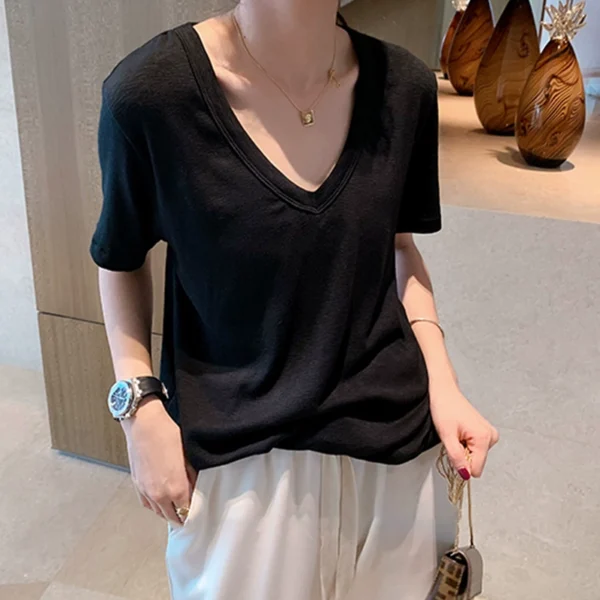 short sleeved bamboo cotton t shirt for women spring 2024 new korean style pure white raw edge v neck loose slimming half sleeved top