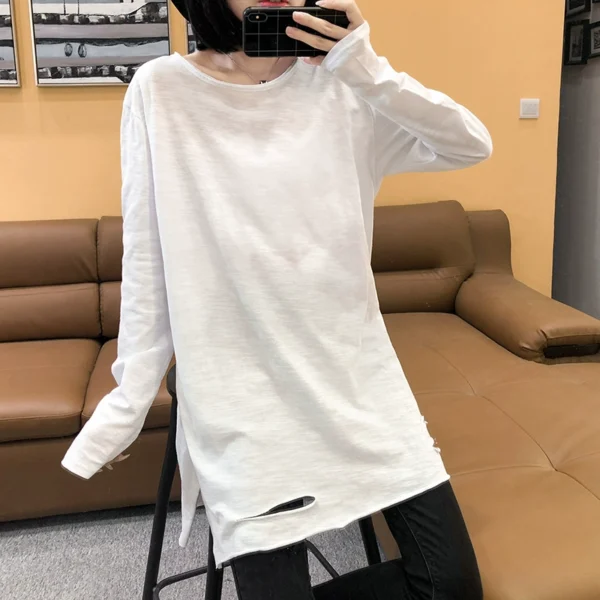 mid length slub cotton pure white long sleeved t shirt for women with raw edges and holes in autumn layered casual loose bottoming shirt