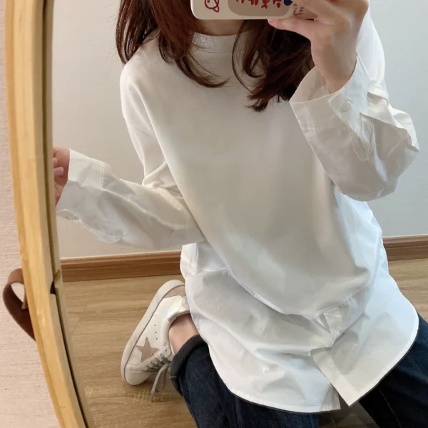 shirt splicing white t shirt for women 2024 spring new style bottoming sweatshirt artifact inner bottoming shirt for women mid length