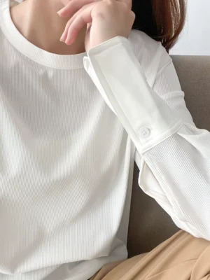 free threaded white t shirt for women, mid length patchwork shirt sleeves, autumn and winter velvet long sleeved inner layering top