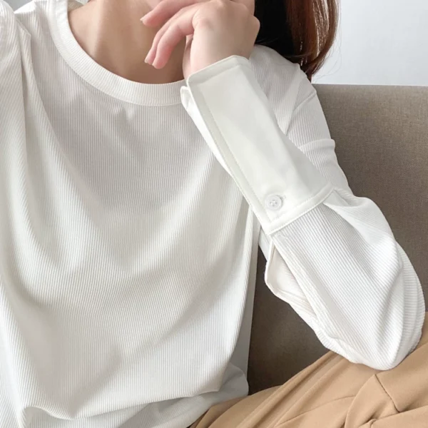 free threaded white t shirt for women, mid length patchwork shirt sleeves, autumn and winter velvet long sleeved inner layering top