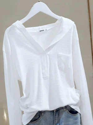 hooded long sleeved t shirt women's white casual 2024 spring new loose design niche bottoming shirt tops ins