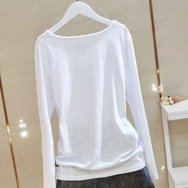 2024 spring new korean style bamboo cotton white long sleeve t shirt women's raw edge v neck loose slimming bottoming shirt 2024 spring new korean style bamboo cotton white long sleeve t shirt women's raw edge v neck loose slimming bottoming shirt