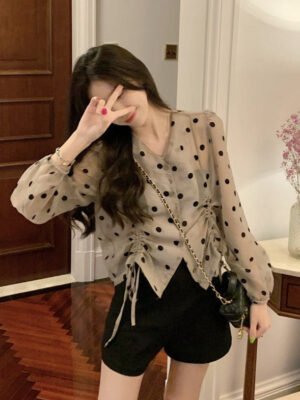 polka dot blouse with drawstrings