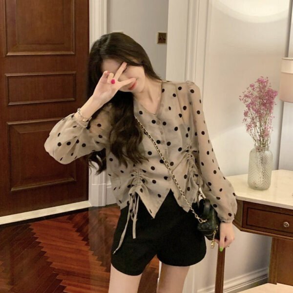 polka dot blouse with drawstrings