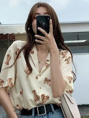 chiffon blouse with teddy bear print