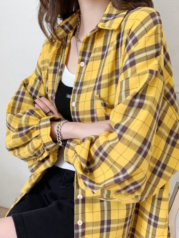 plaid buttoned shirt with lantern sleeves plaid buttoned shirt with lantern sleeves