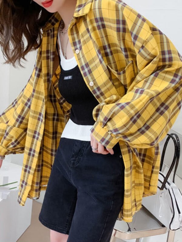 plaid buttoned shirt with lantern sleeves plaid buttoned shirt with lantern sleeves